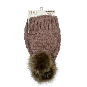 Roo Mommy And Me Beanie‎ Set Mauve Cable Knit W/Pom Womens One Size 0-12 Months